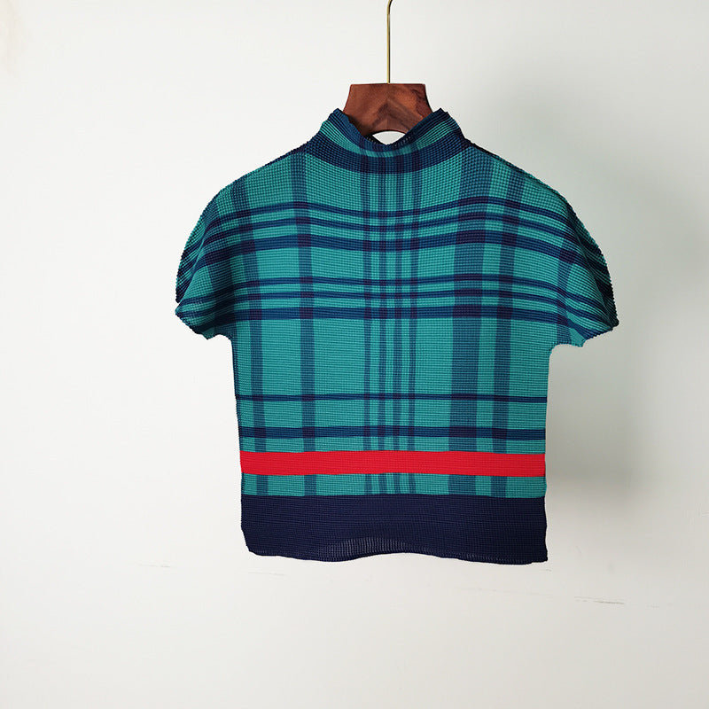 Miyake Half Turtleneck Half-Sleeved T-Shirt for Women Summer New Stereo Design Pleated Printed Short-Sleeved Top