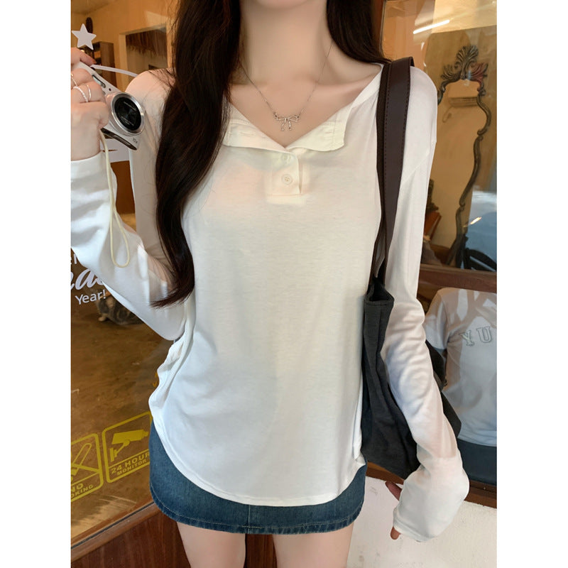Autumn New Long-Sleeve T-Shirt for Women with Buttons, Loose Fit, Slimming Inner Top, Stylish Design, Regular Shoulder T-Shirt, Trendy