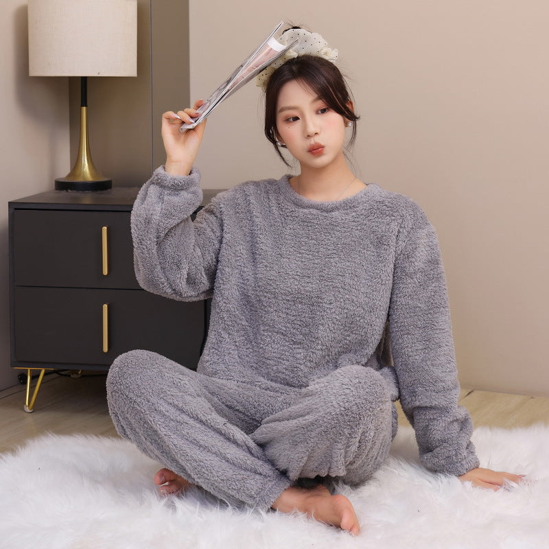 Pajamas for Women 2025 Autumn and Winter New Long-Sleeved Pants Fleece-Lined Thickeneded Bright Silk Coral Velvet Can Be Worn Outside Home Clothes Set