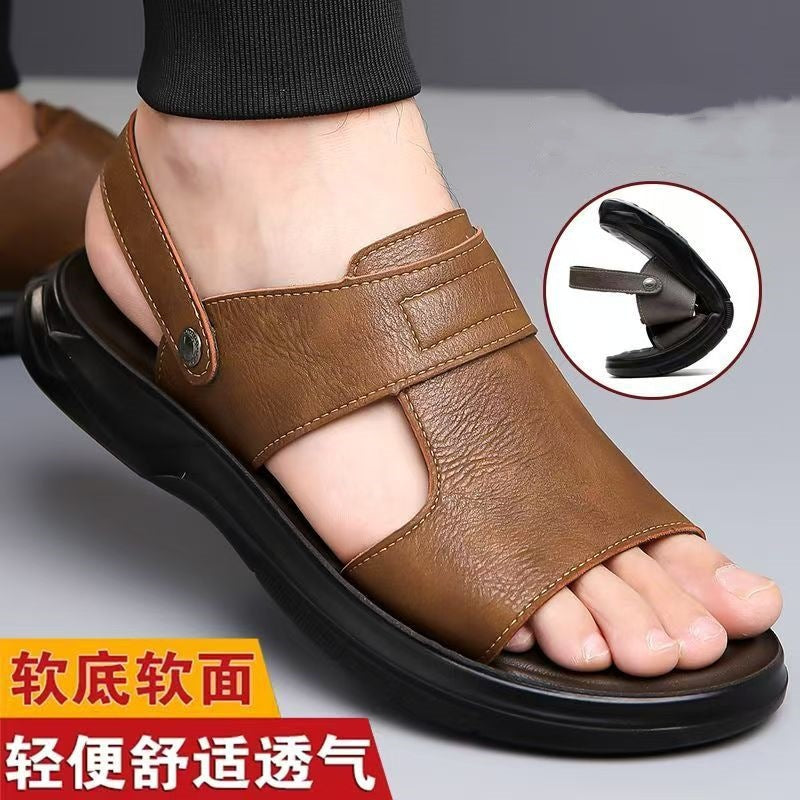 Dad Men's Sandals Summer Genuine Leather Soft-soled Non-slip Beach Shoes 2025 New Casual Fashionable Outwear Sandals