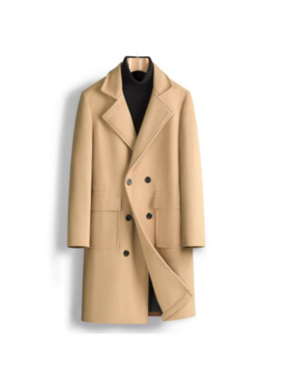 2025 spring new men's foreign trade double-breasted youth solid color casual long woolen coat fashionable trench coat