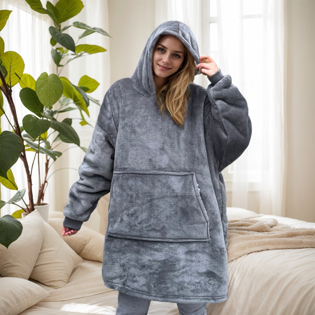 2021 Winter Fleece-Lined Thickened Navy Blue and Dark Gray Zip-Up Lazy Blanket Long-Sleeve Casual Flannel Hoodie