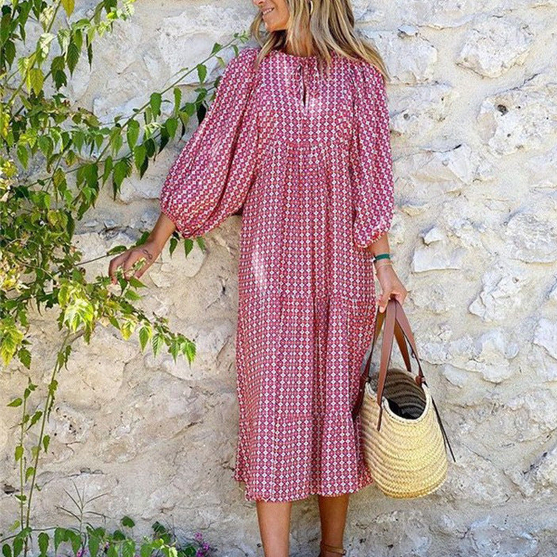 European and American Plus-Size Women's Loose-Fitting Bohemian Round-Neck Lantern-Sleeve Sweet Girl Dress Wholesale from Source Factory