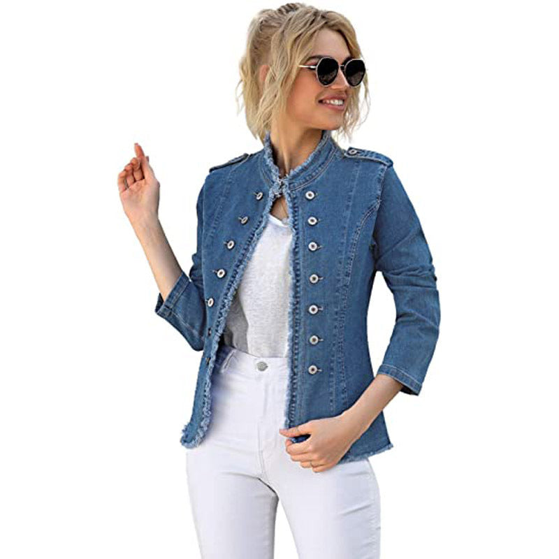 2026 Cross-Border European and American Whis Women's Denim Blazer Single-Breasted Stand Collar Solid Color Casual Versatile Slim Fit