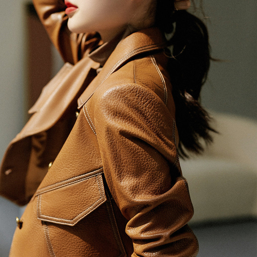 Haining Spring and Autumn New Leather Jacket Single Lined Leather Jacket Women's Short Slim Motorcycle Women's Short Leather Jacket C2707