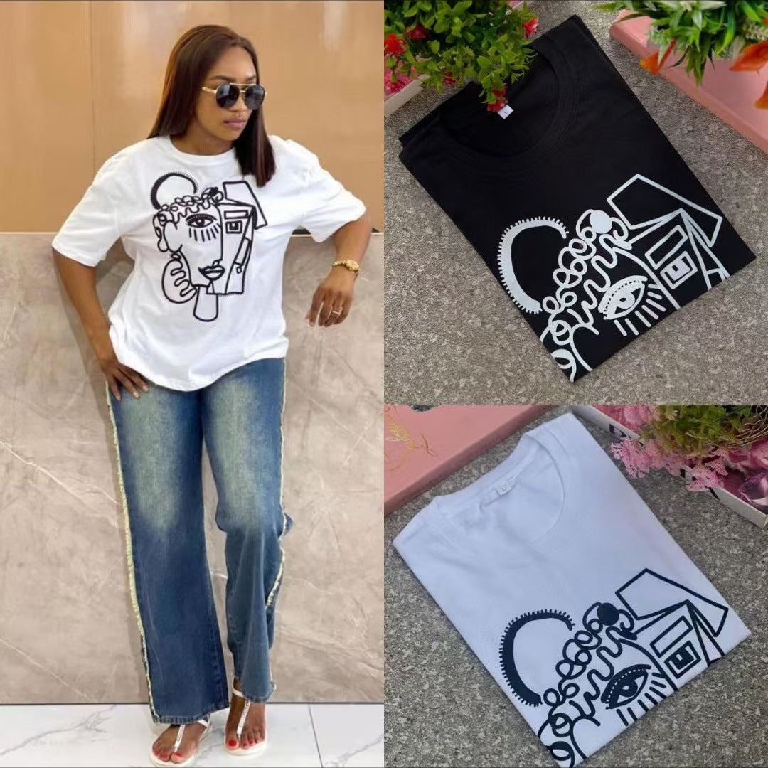 300g Pure Cotton American-Style Short-Sleeve T-Shirt for Women, Summer 2024 New Loose Trendy Brand Half-Sleeve Top, Casual and Versatile