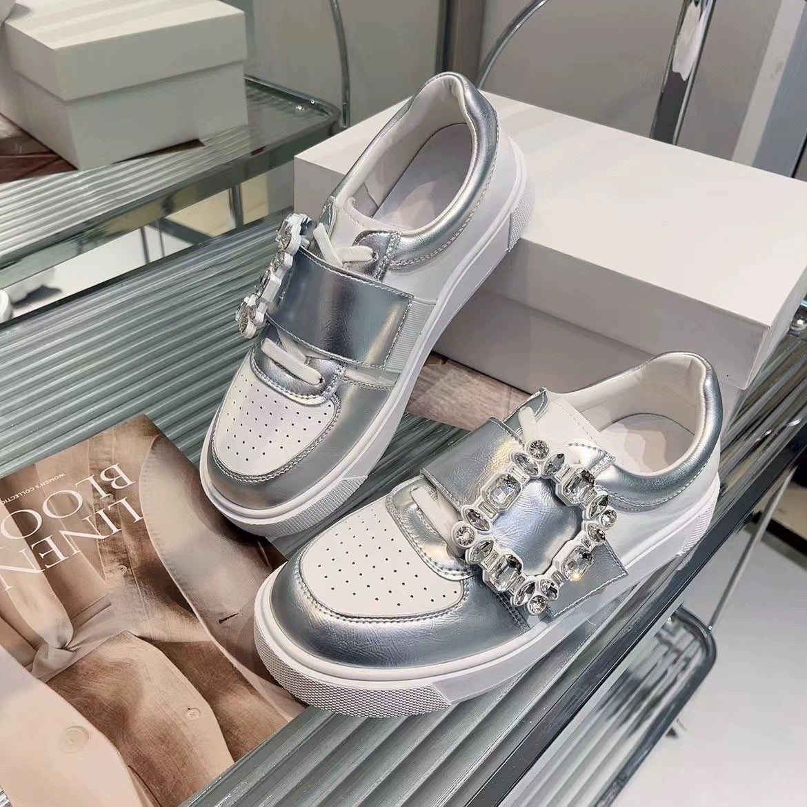 Genuine Leather Thick-Soled White Shoes for Women 2026 Spring and Autumn New Style Square Buckle Rhinestone Thick-Soled Height-Increasing Slip-On Soft-Soled Sneakers for Women
