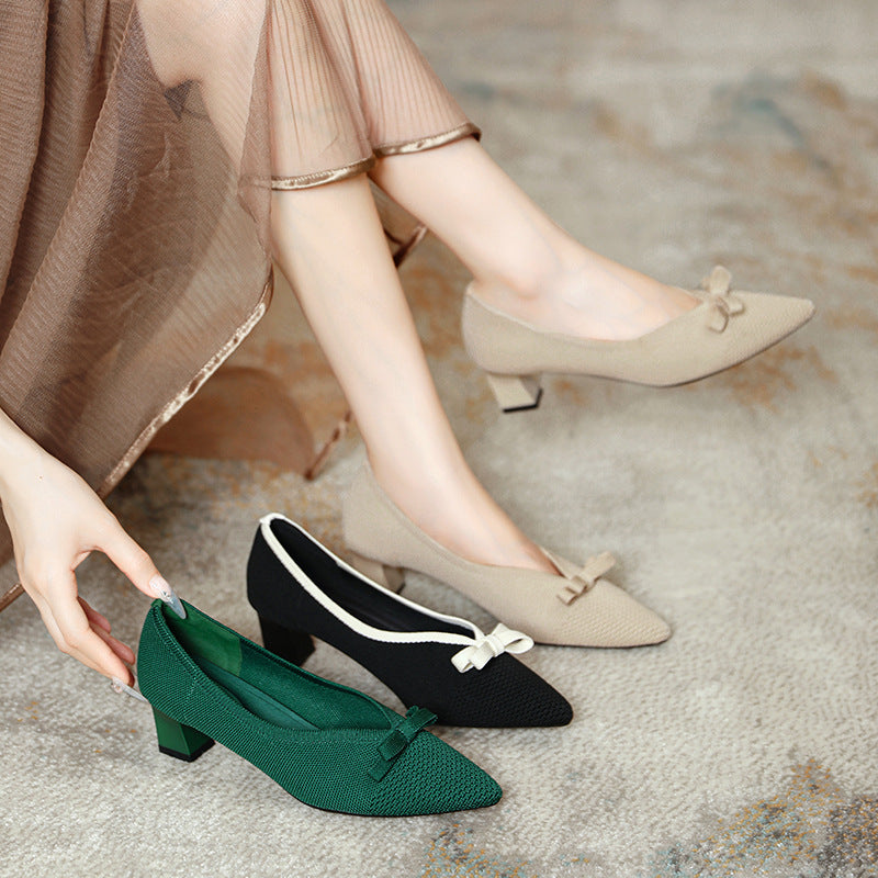 girls Fairy High Heels 2024 Spring and Autumn New Korean Style All-match Chunky Heel High Heel Commuter Women's Shoes Knitted Shoes Single-layer Shoes for Women