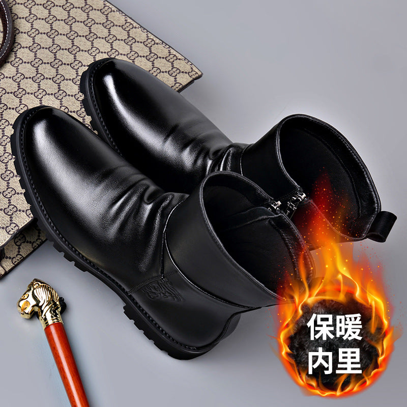 Winter Velvet Warm Boots Men's High-Top British Side Zipper Large Size Short Boots Business Formal Chelsea Boots