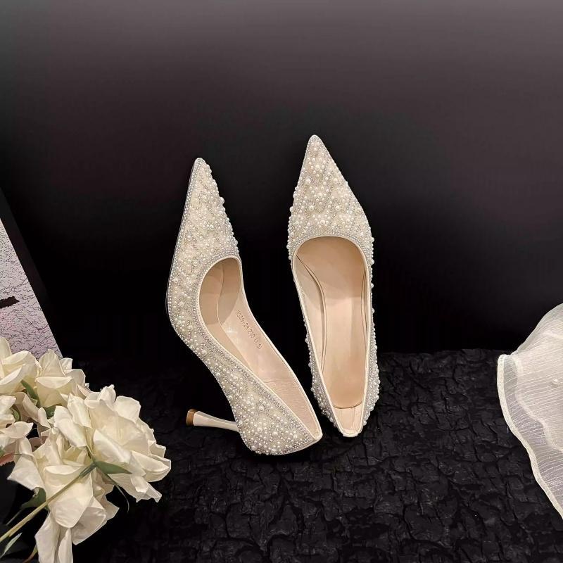 Elegant Bridesmaid Shoes That Are Comfortable for the Feet, Wedding Shoes, 2026 Autumn New Style, Thin Heel Single Shoes, Rhinestone Pearl Xiuhe High Heels