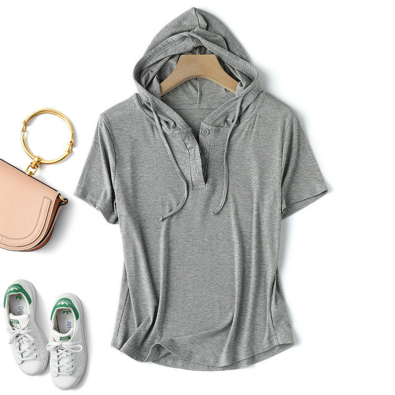 Modal thread short-sleeved hoodie T-shirt women's spring/summer plus size loose bottoming shirt slimming sun protection thin top