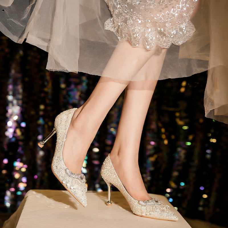 E888-152 High Heels Women's Stiletto Heels 2025 New Crystal Wedding Shoes Pointed Toe Rhinestone Shallow Mouth Flats Bridal Shoes