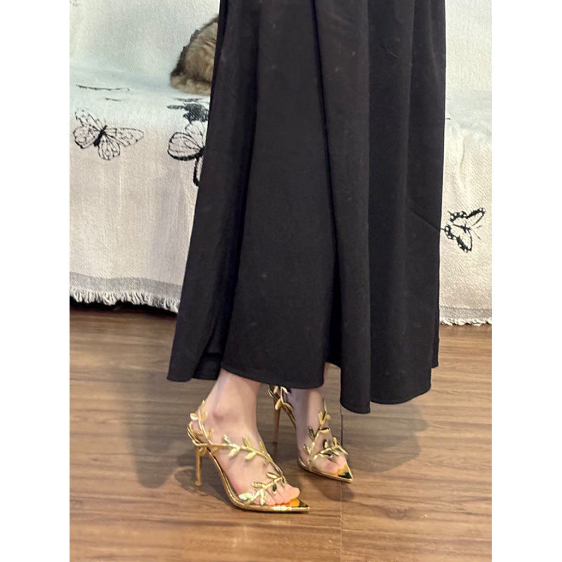 Golden Patent Leather Leaf High Heels Women's 2025 Summer New Arrival Fairy Style Stiletto Heel Pointed Toe Sandals