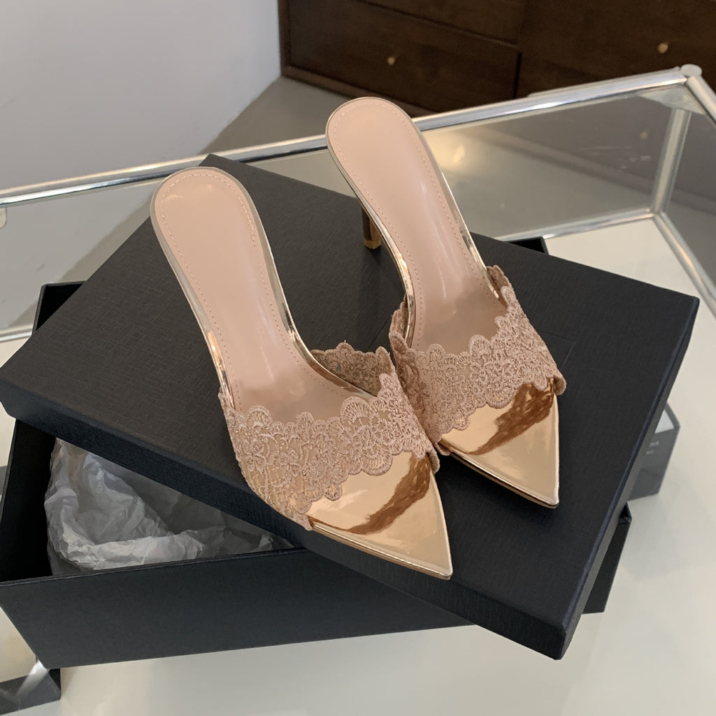 Pointed Toe Banquet High Heels for Women 2025 Spring New Embroidered Stiletto Shoes Champagne Gold Embroidered High Heel Sandals