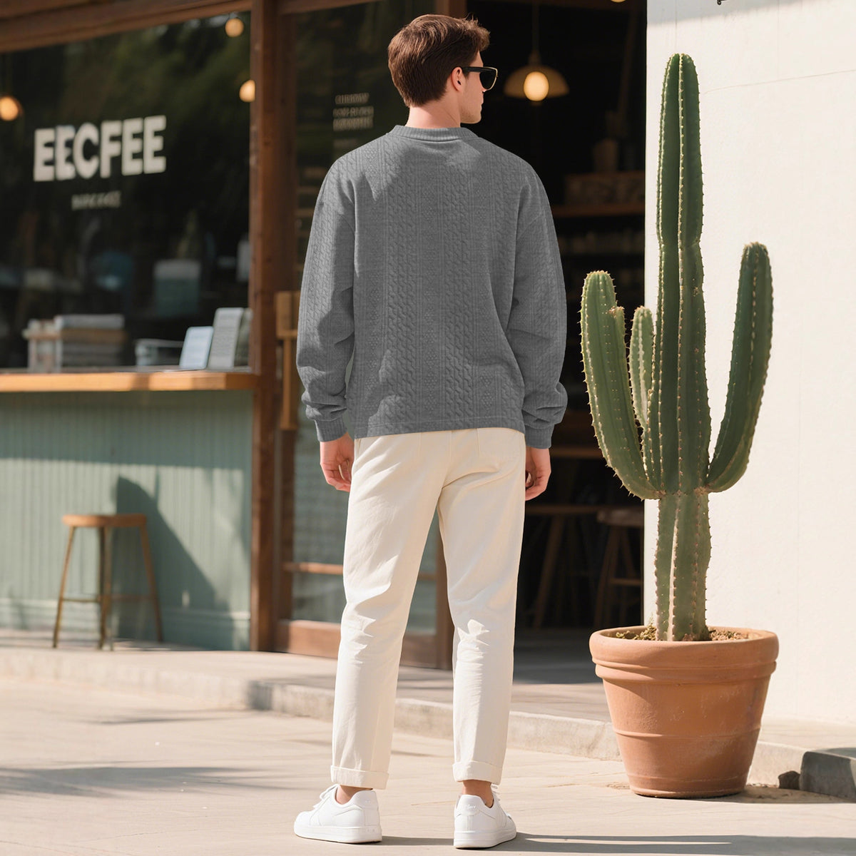 Amazon Cross-Border European and American Spring and Autumn Men's Jacquard Solid Color Base Shirt Loose Casual V-Neck Long-Sleeve Knit Sweater for Men