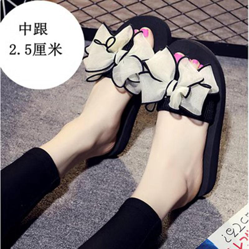 Mid-summer high-heeled slipper butterfly flower women's beach shoes thick-soled sandals and slippers Korean-style non-slip slippers for women