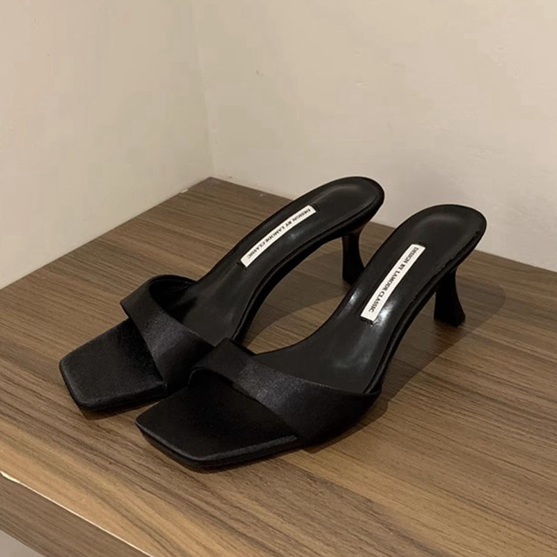 Beautiful One-Line Slippers for Women's Summer Outer Wear 2024 New Satin Brown Elegant Genuine Leather Stiletto Square Toe High Heels