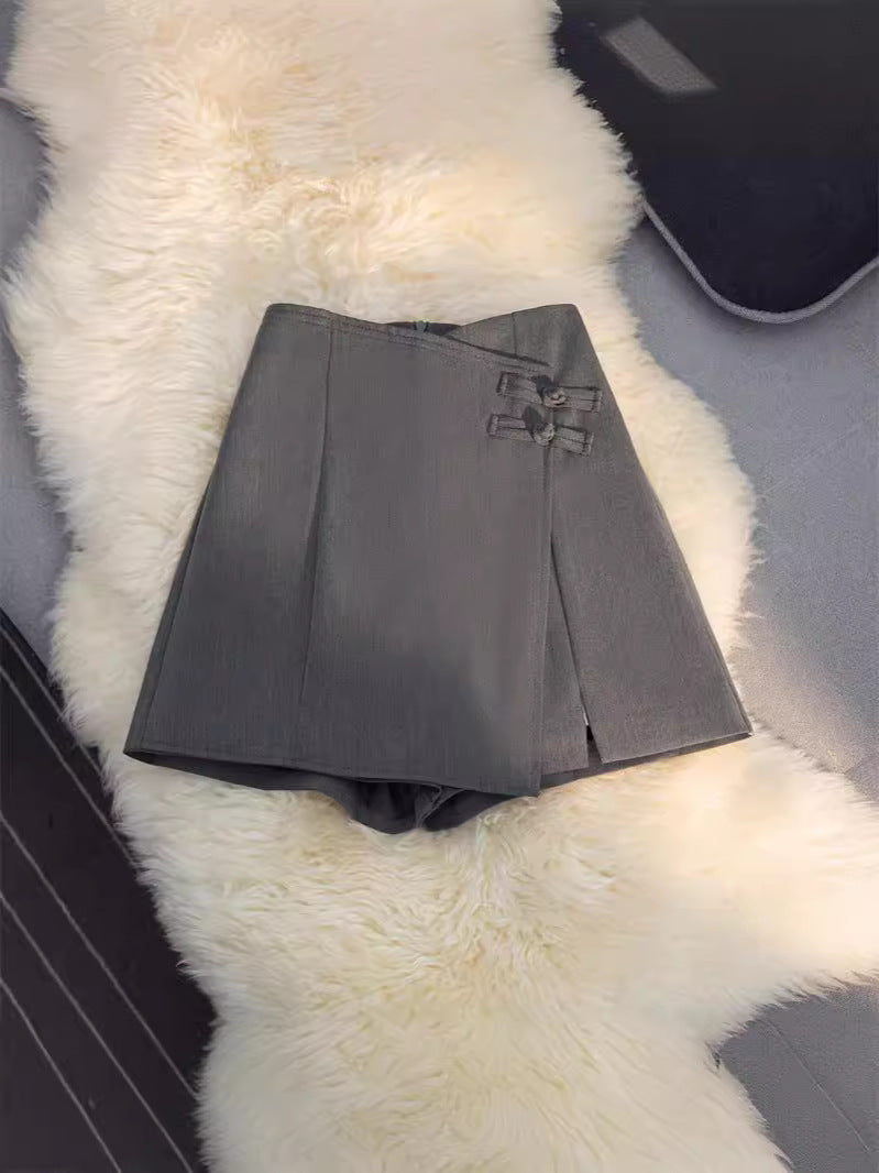 New Chinese Style National Style Pants Skirt Women's Asymmetrical 2025 Summer Fashion Suit Shorts High Waist Slimming Look A-Line Wide Leg Pants