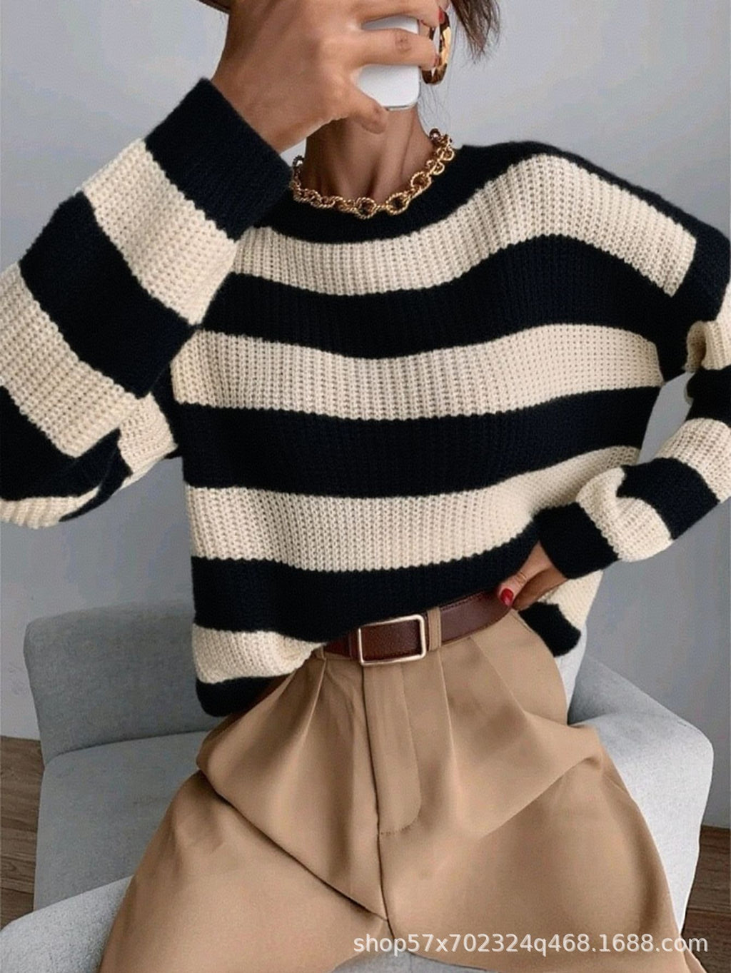 European and American Cross-Border Autumn and Winter New Striped Loose Sweater Women's Long-Sleeved Knitwear