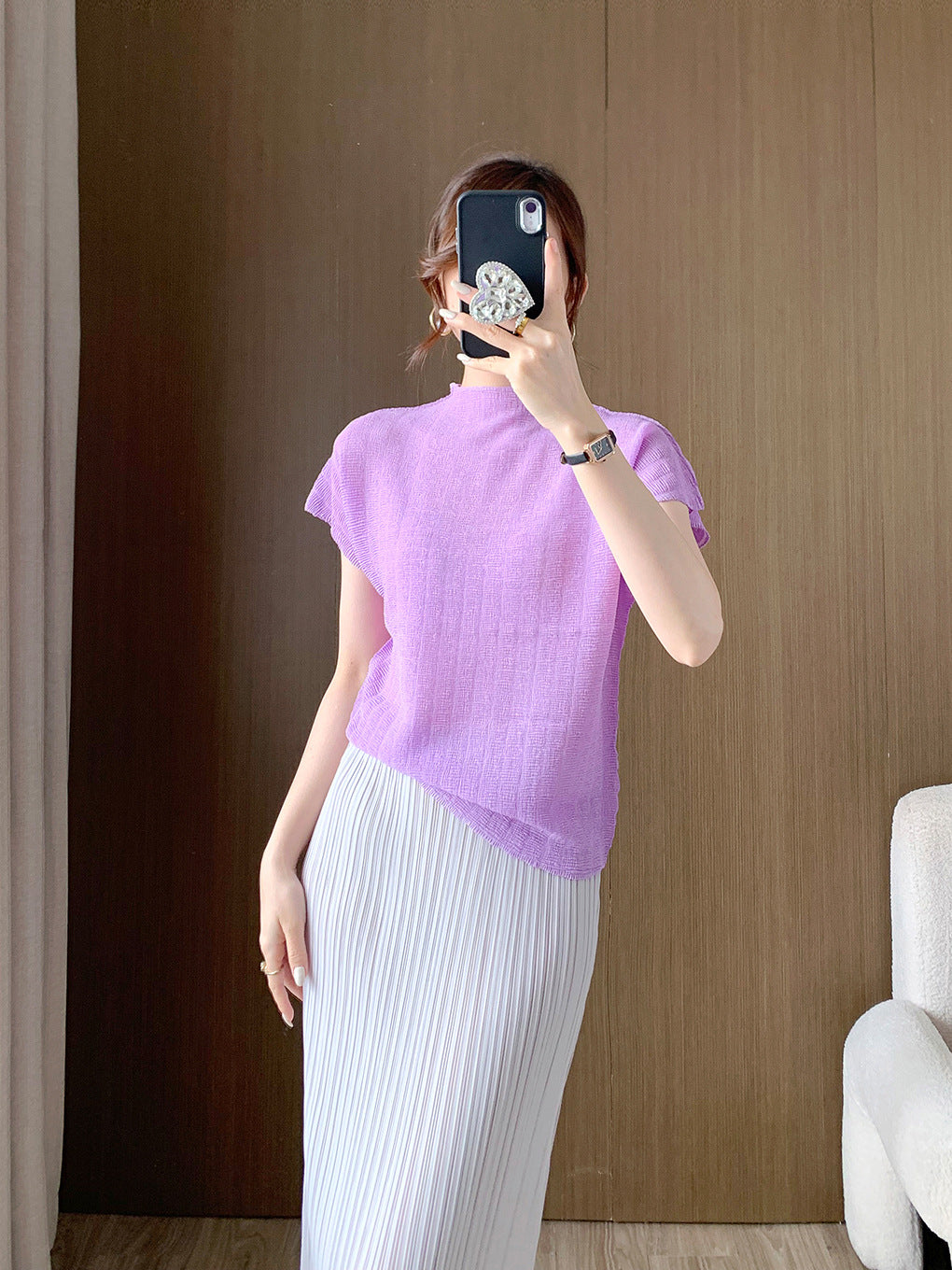 Short-sleeved T-shirt Women's Summer New Clothes All-match High-grade Western-style Small Shirt Unique Chic Pleated Top Thin Women
