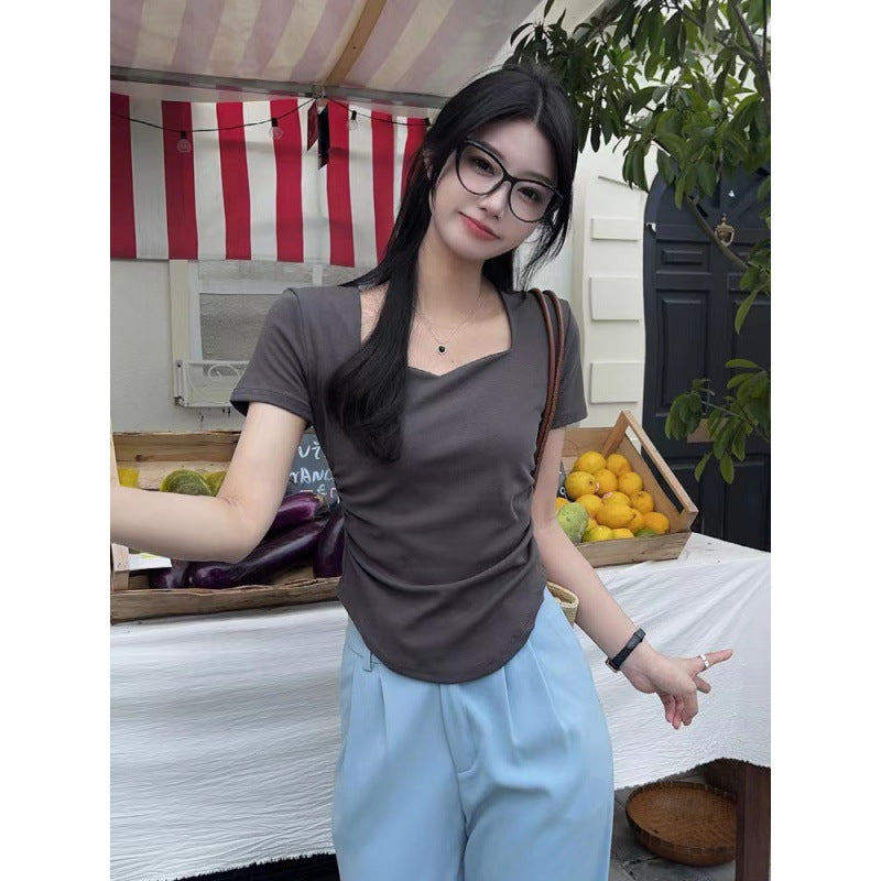Pleated Slim-Fit Sweetheart Neckline Short-Sleeve T-Shirt for Women, Summer Pure Desire Style, Regular Shoulder, Solid Color, Collarbone Top