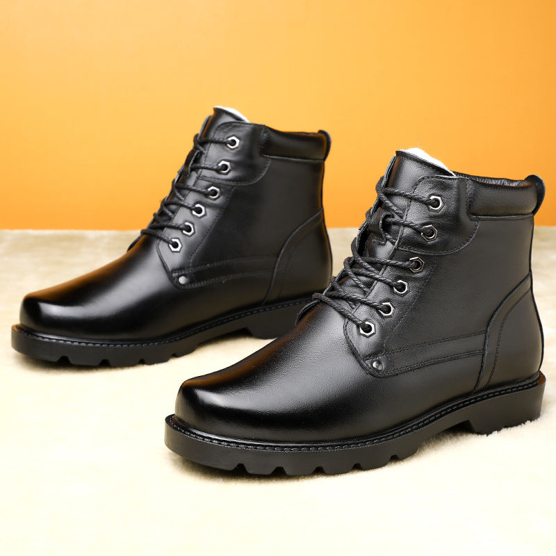 2024 Winter New Men's Leather Boots fleece-lined Warm High-top Men's Shoes Cowhide Snow Boots Northeast Cotton Boots Soft Bottom