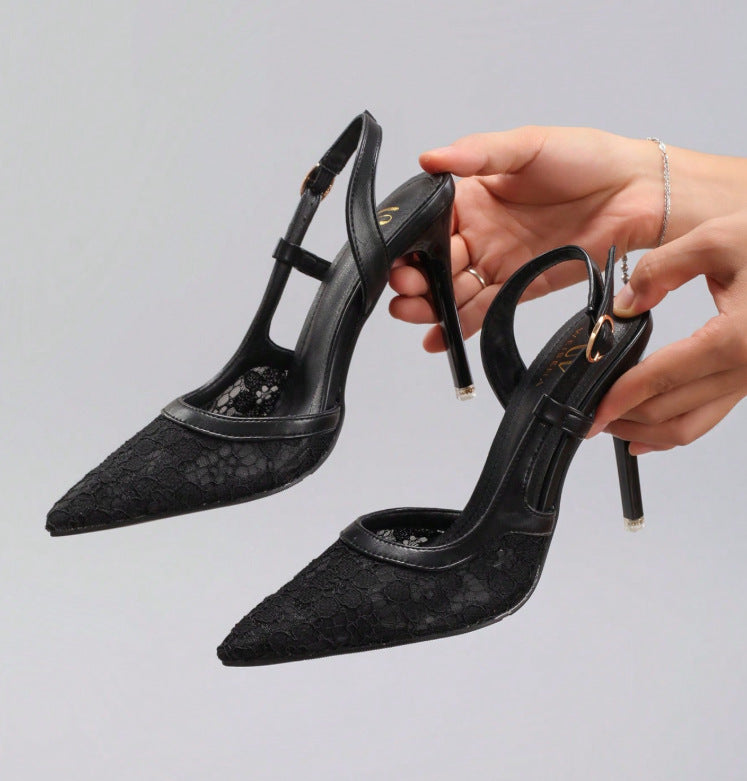 Lace Splicing High Heels Women's Summer Pointed Toe Banquet Party Wedding Stiletto Sandals Cross-Border Exclusive Ultra-High Heels