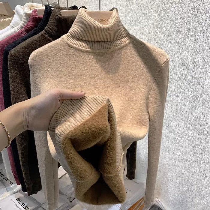 Thickened Fleece-Lined Thermal Sweater for Women, Autumn and Winter Ribbed High-Neck Long-Sleeve Knit Base Shirt