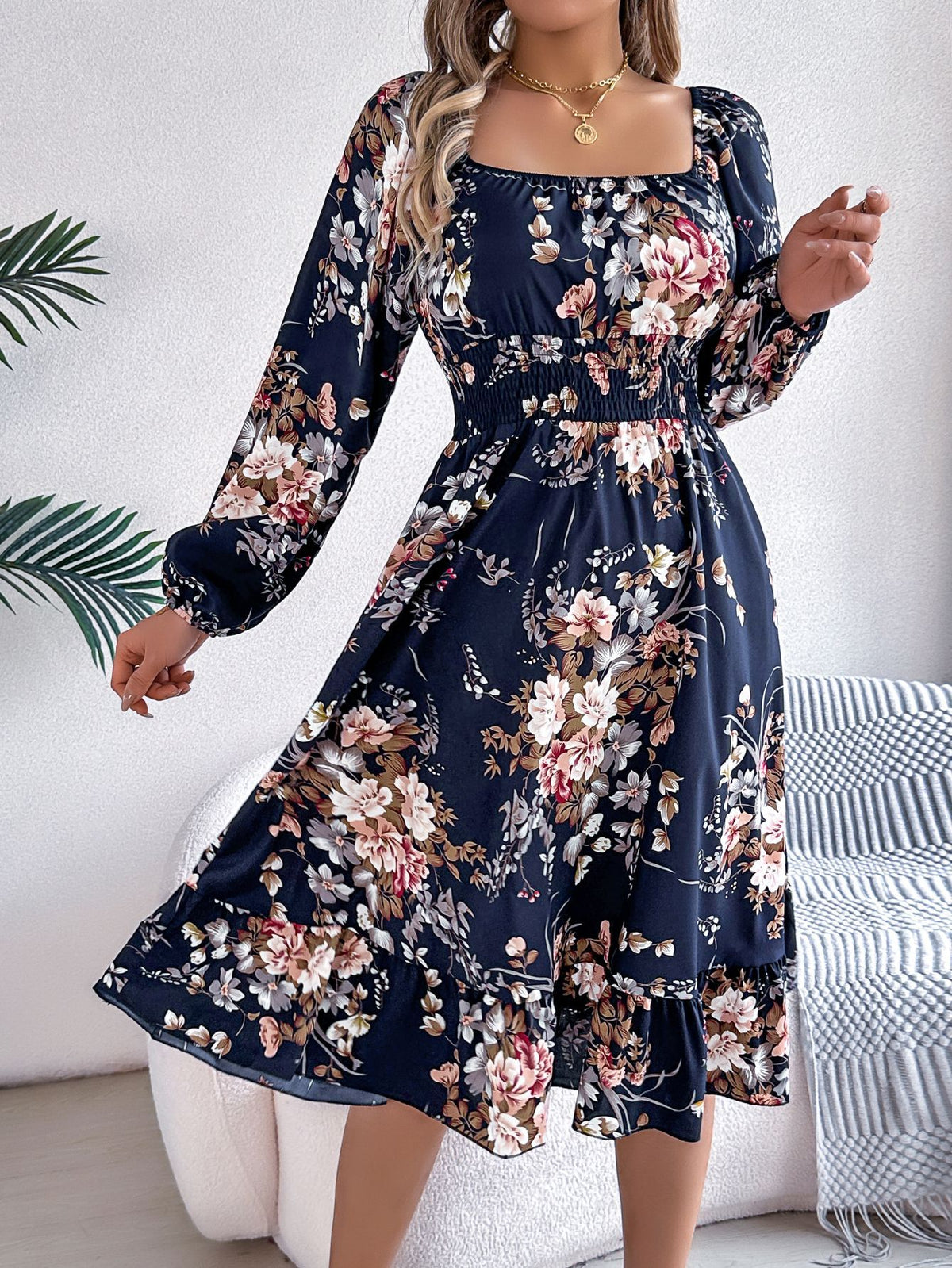 Real shot spring and summer European and American elegant flower square collar long sleeve waist ruffled A- line skirt independent station cross-border women's clothing