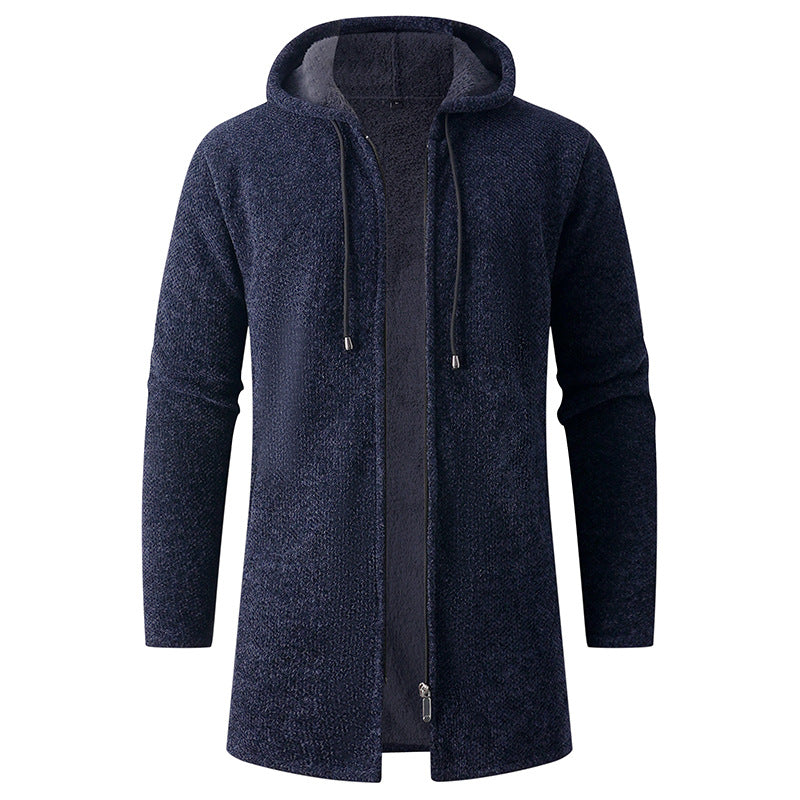 Cross-Border European and American Men's Mid-Length Knitted Windbreaker for Young and Middle-Aged People Hooded Cardigan Plus Velvet Thickened Warm Jacket Coat