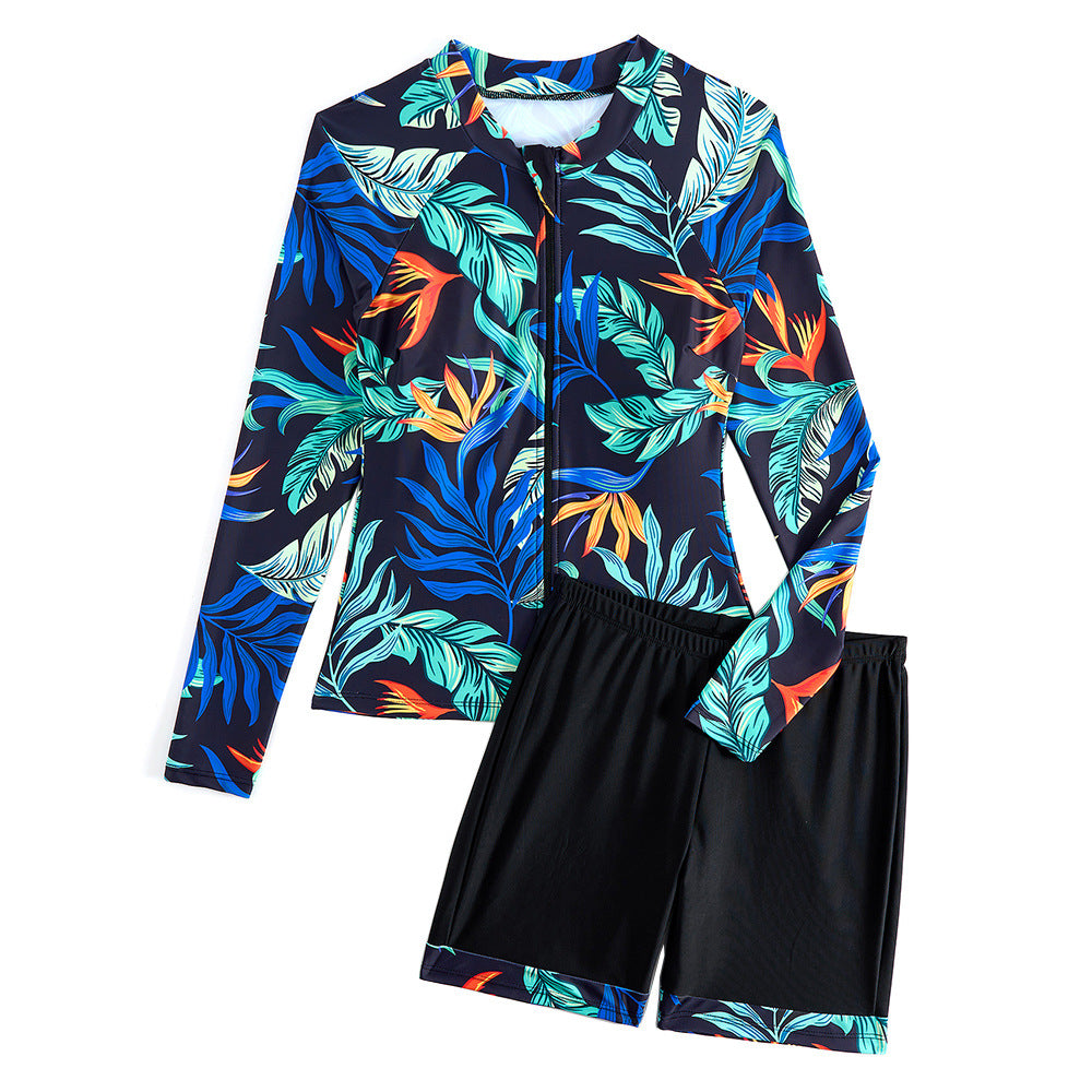 Women's Swimwear 2025 New Style Zipper Long-Sleeved Popular Printed Sun Protection Conservative Belly-Covering Split Swimsuit Boxer Briefs for Women