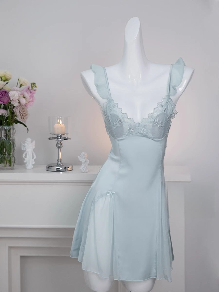 Sexy Women's Nightgown with Straps and Chest Pads, New Lace Summer Ice Silk Nightdress, Home Wear Set with a High-End Feel