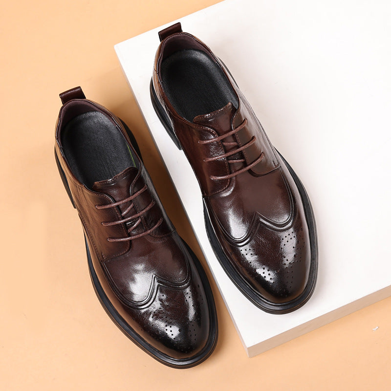 Men's leather shoes New genuine leather business formal wear men's shoes brogue carved wedding shoes Korean style British platform fashion shoes