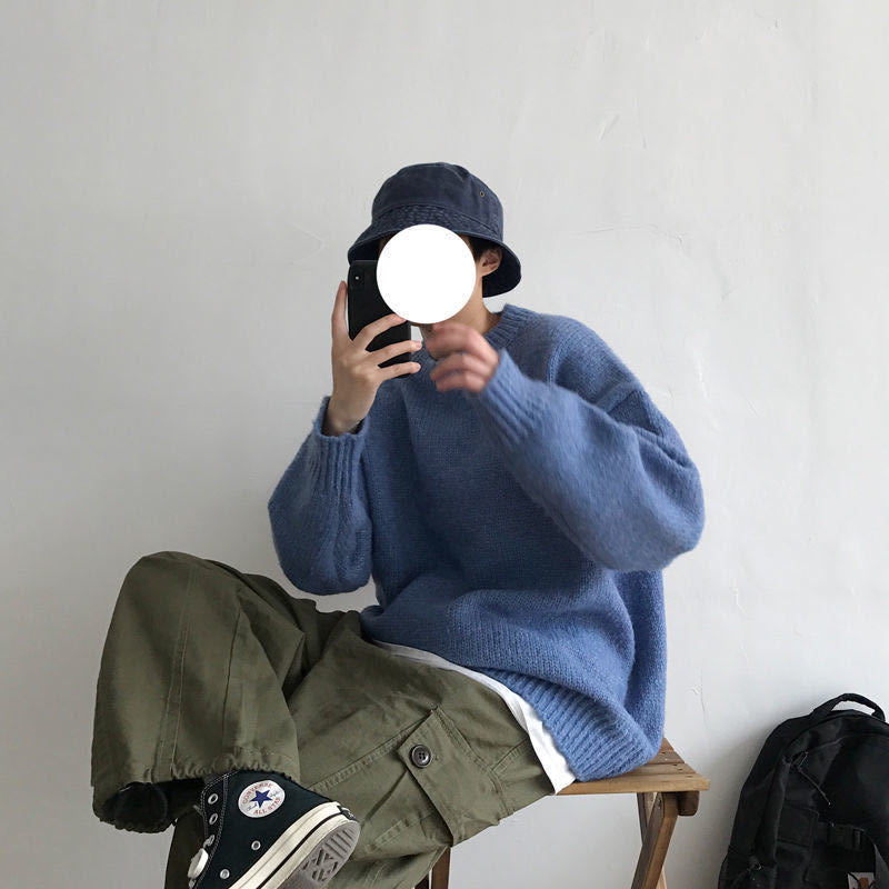 Autumn and Winter Couple Sweater Men's and Women's Japanese Style Vintage Solid Color Loose Crewneck Pullover Sweater Lazy Style Knitted Sweater