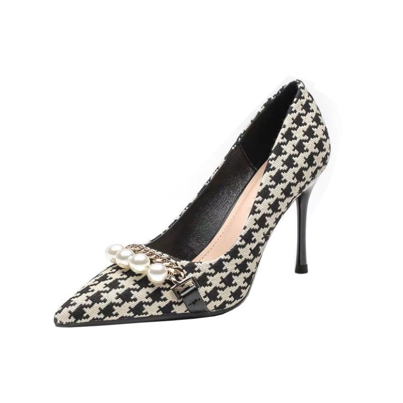 Supply Houndstooth Pearl High Heels Pointed Toe Shallow Mouth High Heel Shoes girls Style Houndstooth Pearl High Heels Women