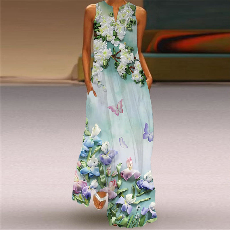 Summer Independent Brand New European and American Retro Print Long Dress V-Neck Multi-Color Long Sexy Sleeveless Dress
