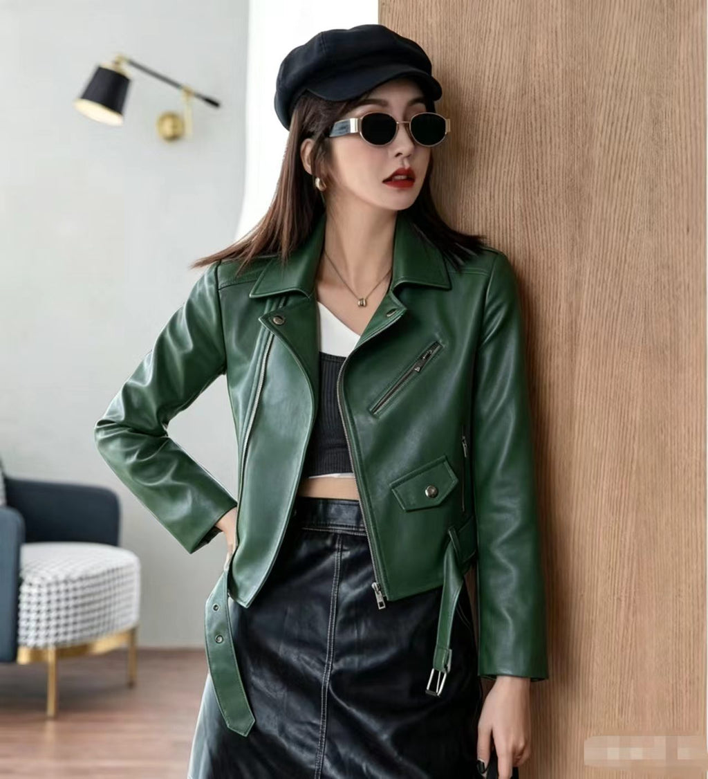 2025 Spring and Autumn New Yellow Women's Leather Jacket Large Size Women's Jacket Short Women's Leather Jacket Motorcycle Wholesale