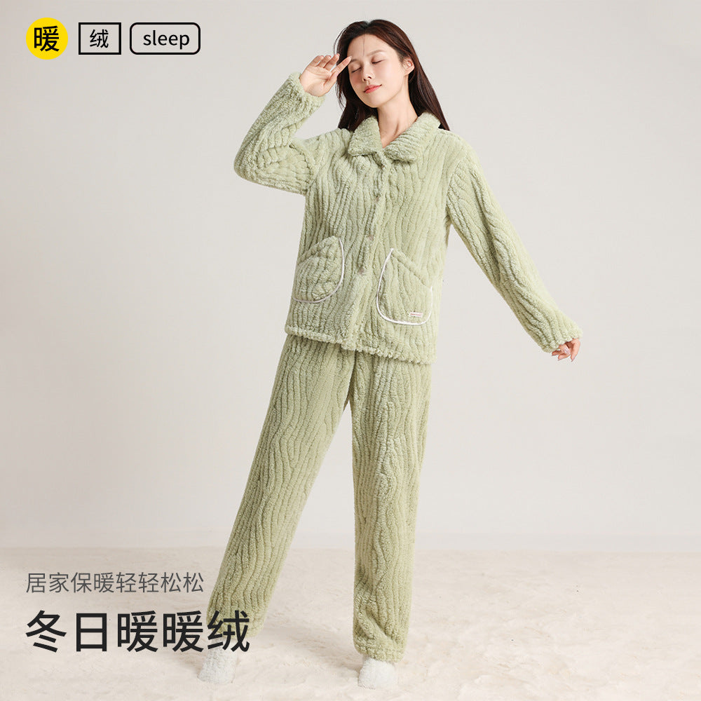 Autumn and Winter Thickeneded Warm Square Collar Lapel Pajamas Coral Velvet Cardigan Simple Wearable Home Clothes Couple Set