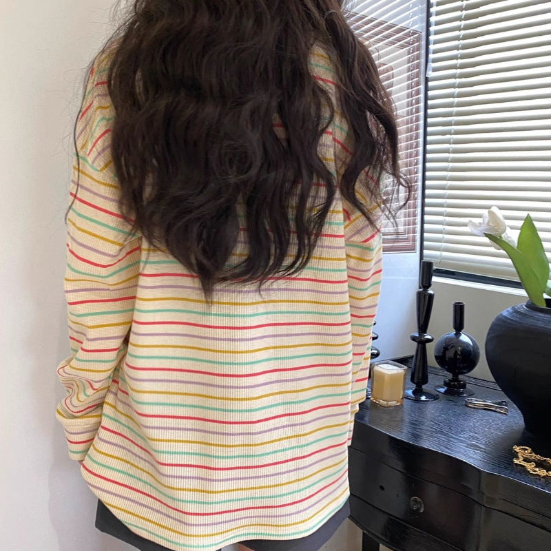 Spring and Autumn T-shirt Thin Sweatshirt Korean Style Autumn and Winter New Vigor Rainbow Striped Long-sleeved T-shirt Women's Top Women's Age-reducing