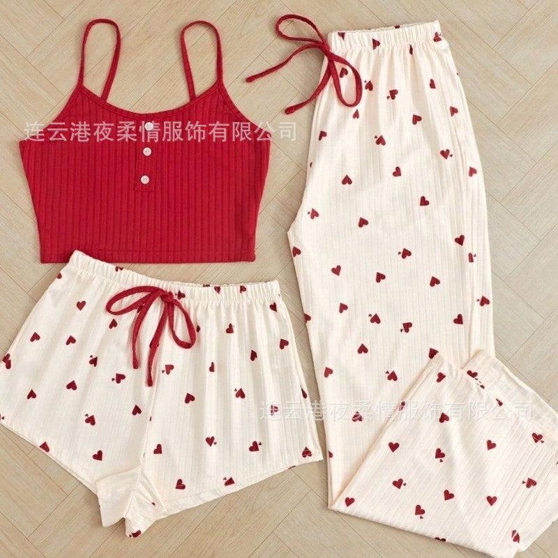 European and American New Style Love-Printed Spring and Summer Sweet and Cute Pajamas, Casual Women's Home Wear Set, Three-Piece Set