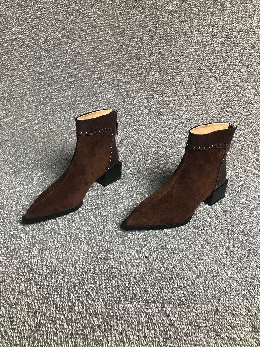 French High-End Medium Thick Heel Short Boots for Women 2025 Winter Rear Zipper Rivet Fashion Boots Slim Boots Elegant Elastic Boots