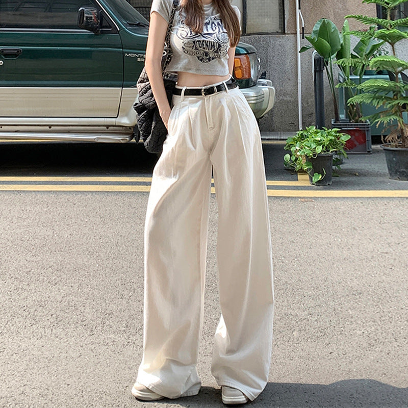 White Wide-Leg Jeans for Women, Summer Thin Fashion Slimming Loose Casual Pleated Drape Versatile Floor-Length Pants