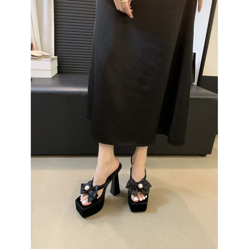 2025 European and American New Fashion Hate Sky High Slippers Women's Thick Heel Model Show Square Head High Heels