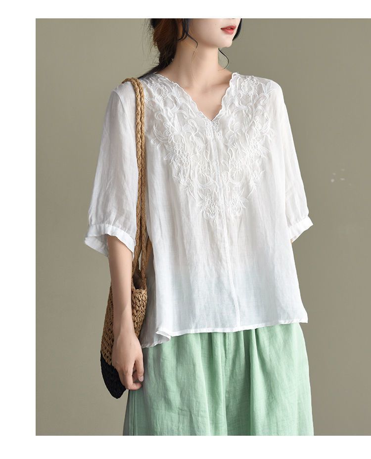 Shirt Summer New Style Retro Literary Thin Embroidered Short-Sleeved Cotton and Linen Tops for Women Ethnic Style V-Neck Pure Cotton T-Shirts for Women