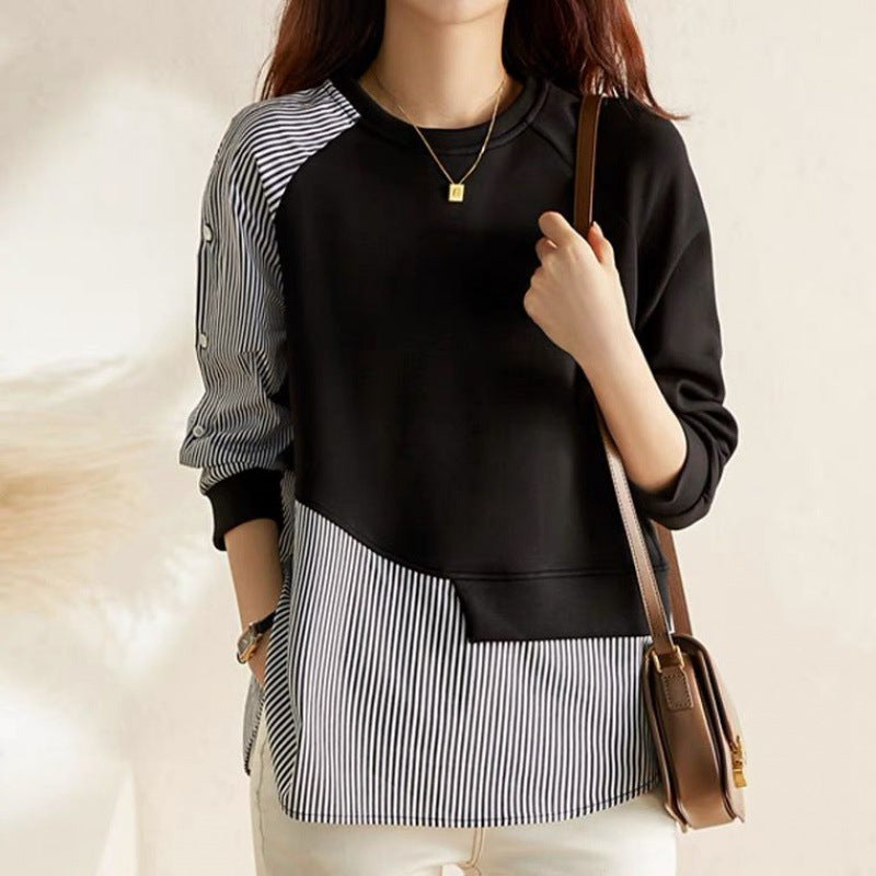 Eclectic Design Sense Niche Stitching Round Neck Sweater Women's Spring and Autumn New Irregular Striped Loose Cotton Top