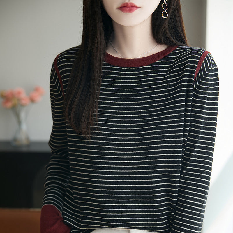 French-Style Color-Block Striped Fine-Knit Wool Sweater for Women, 2025 New Model, Loose Fit, Slimming, Long-Sleeve, Warm Base Layer Sweater