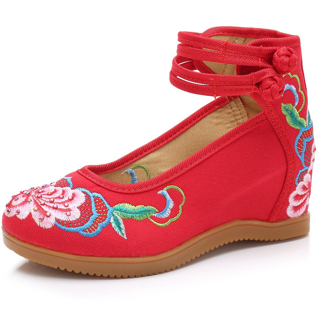 Hibiscus Flower 2020 Hot Drilling Ethnic Style Double Buckle Canvas Inner Height Increasing Women's Shoes Bridal High Heels