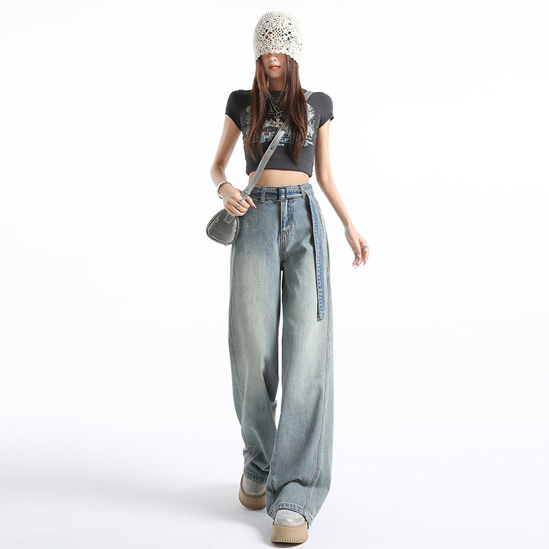 Spring and Autumn Retro High-Waist Belt Design Wide-Leg Pants for Women New Loose Slimming Versatile Drapey Floor-Length Jeans for Women