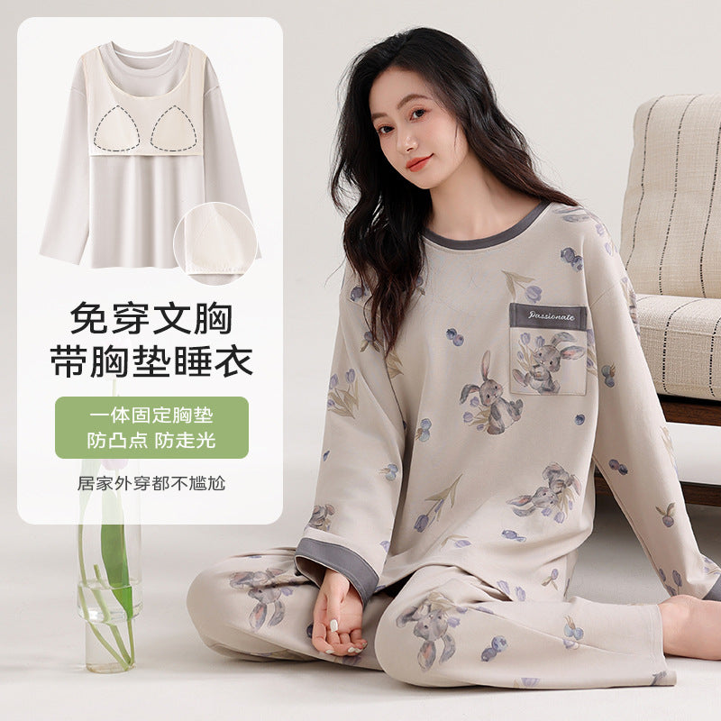 Pajamas for Women, Pure Cotton Long-Sleeved Pants, Can Be Worn Outside, Home Clothes, Quality with Chest Pads, Double-Sided Pure Cotton Large Size Pajamas Set