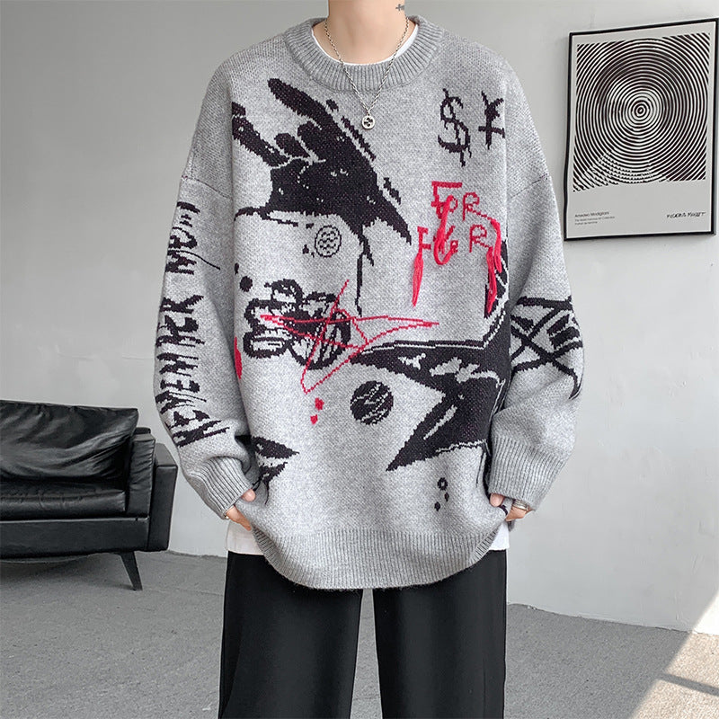 2025 New Autumn and Winter Men's Sweaters American Trendy Brand Letter Jacquard Round Neck Sweaters Fashionable Niche Loose Sweaters